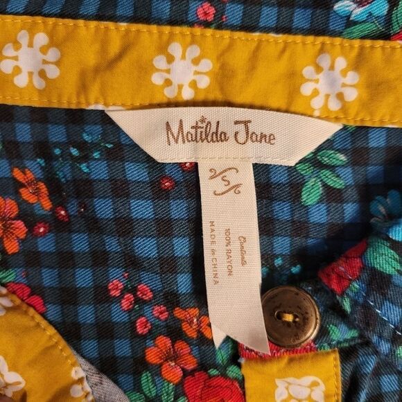 Matilda Jane Dark Teal Blsck Gingham and Floral Button Up Shirt Midi Dress - Picture 13 of 13